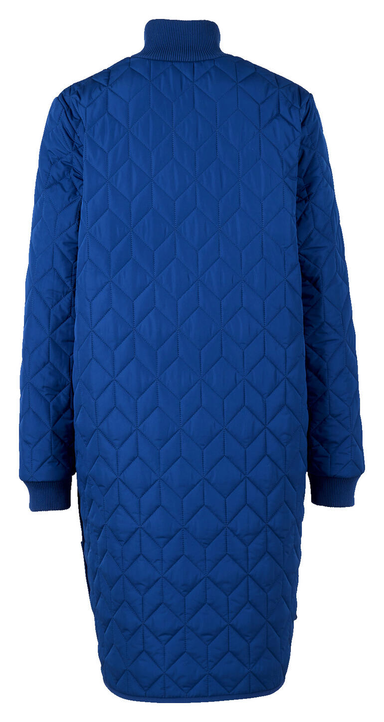 Lange royalblau gewatteerde jas met geribde kraag.