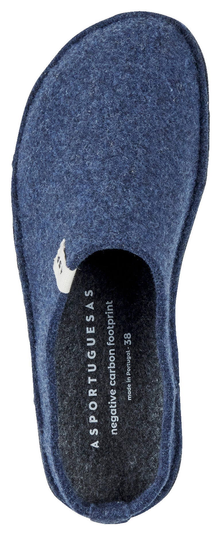 Donkerblauwe pantoffels met platte, flexibele zool.