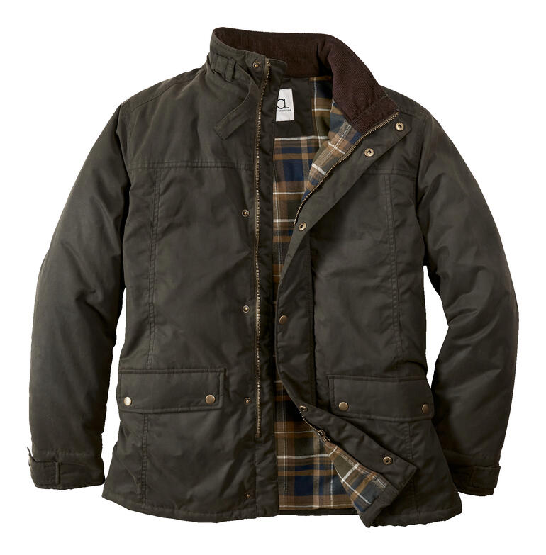 Olijfgroene Oilskin-Outdoorjas met gekarodeerd patroon aan de binnenkant en knopen.
