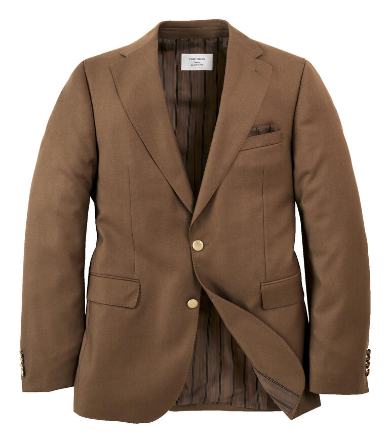 Open bruine blazer op een witte achtergrond met de binnenkant zichtbaar.