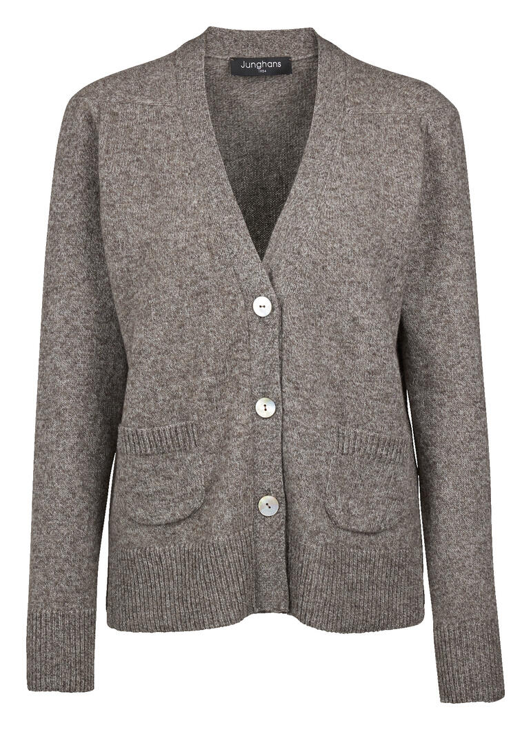Grijs-bruin yak cardigan met drie knopen en zakken.