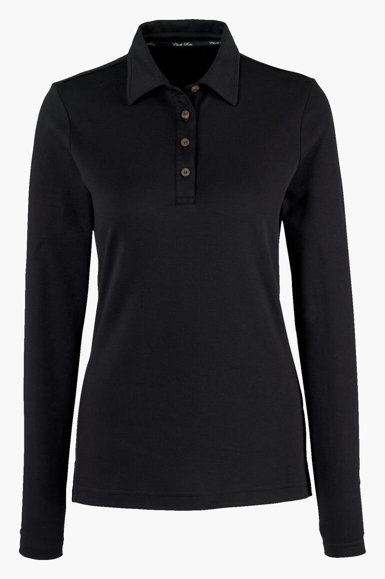 Zwart Pima-interlock-polo met knoopsluiting op een witte achtergrond.
