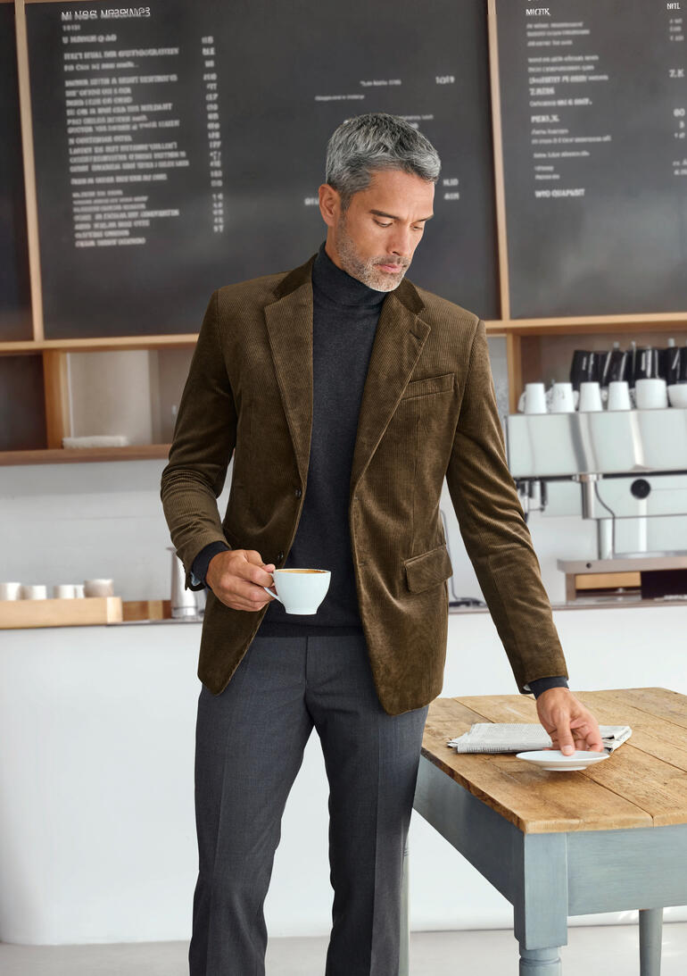 Man in camel gekleurde corduroy blazer met een kopje koffie.
