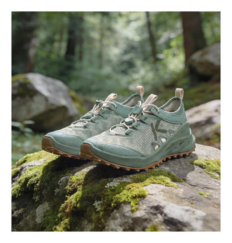Sagegroene hybride sneakers van Keen, zij-aanzicht.
