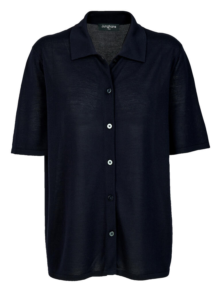 Tencel zijde breibloes in navy, modern met doorlopende knoopsluiting.