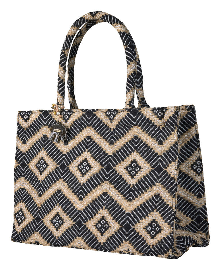 Zwarte jacquard shopper met ruitenpatroon en handvatten.