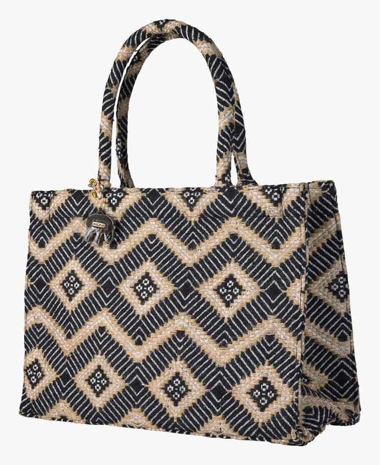 Zwarte jacquard shopper met ruitenpatroon en handvatten.