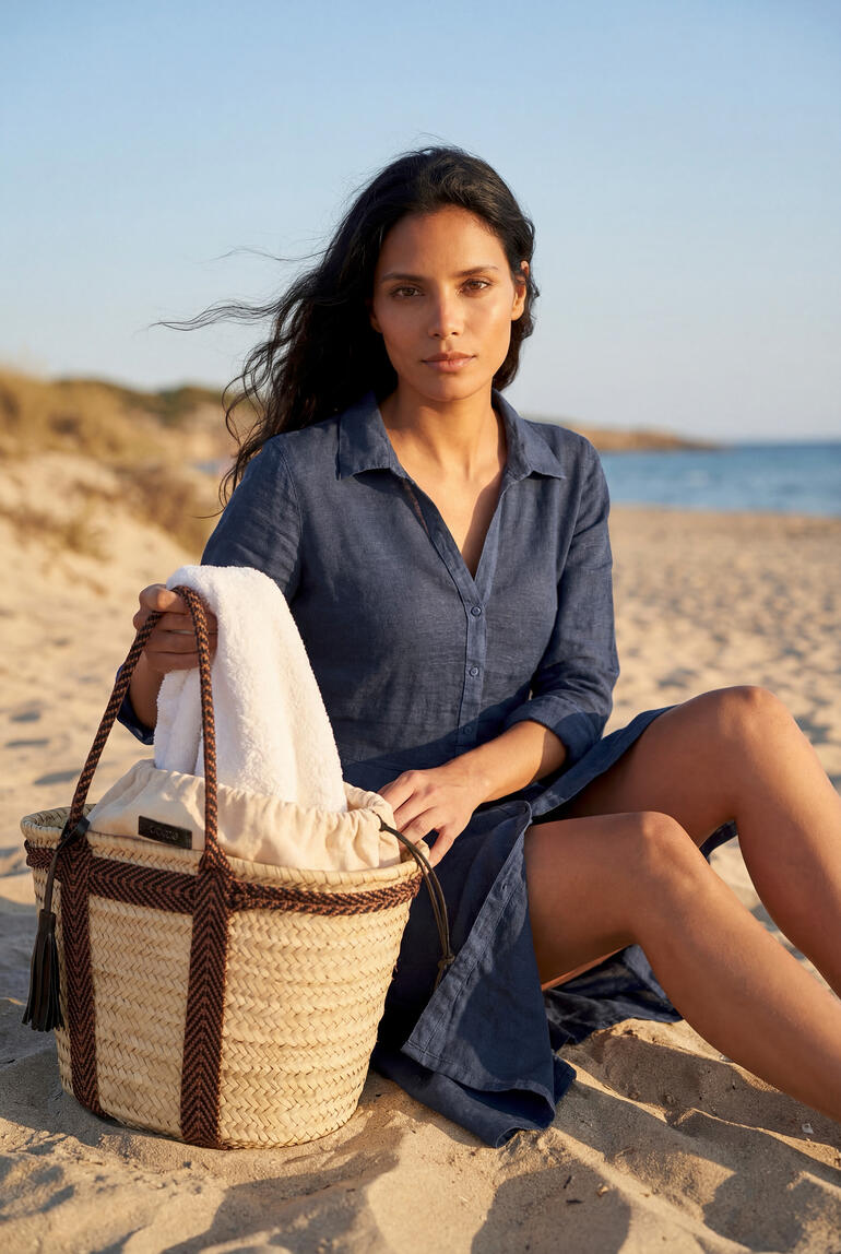 Linnen combinatie jurk in donkerblauw, zittend in het zand met een tas