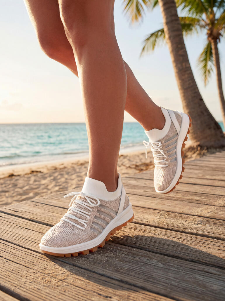 Vrouw draagt witte sneakers met veters op het strand met palmbomen op de achtergrond.