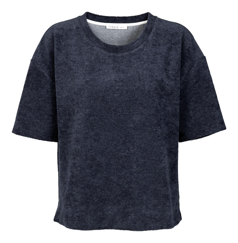 Donkerblauwe frottee t-shirt met korte, ruime snit.