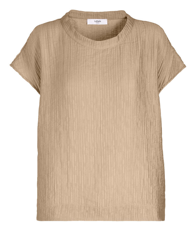 Luchtige crash-blouse in zandkleur met zachte stof en korte mouwen, maat 34.