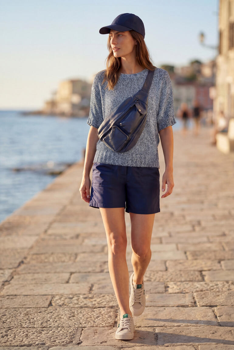 Blauw gemêleerd shirt met korte mouwen, casual uitstraling.