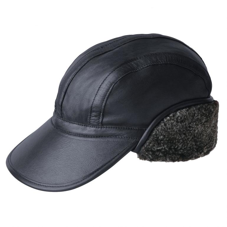 Zwarte leren lamswollen muts