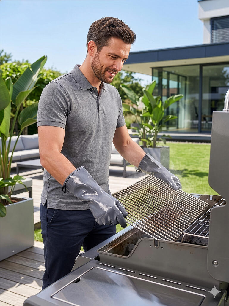 Man grilt met handschoenen op de barbecue in de tuin