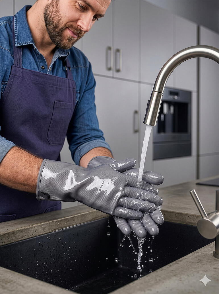 Man met grijze handschoenen wast zijn handen in de gootsteen
