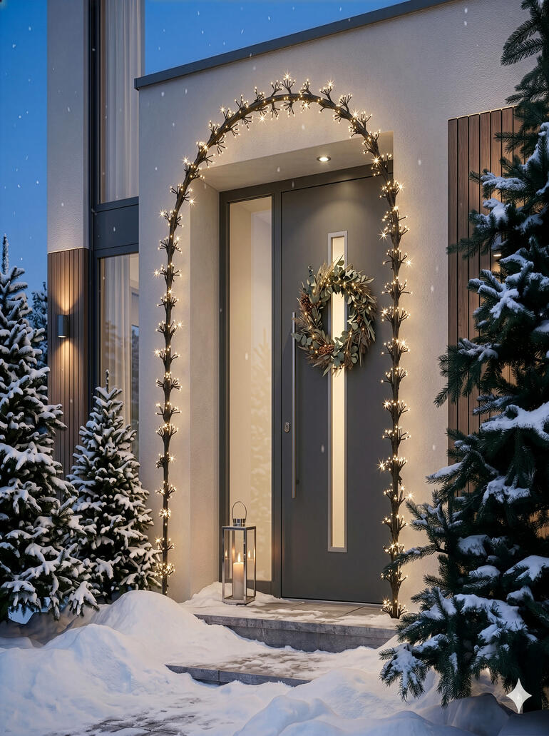 Feestelijk versierde voordeur met een lichtboog in de sneeuw.