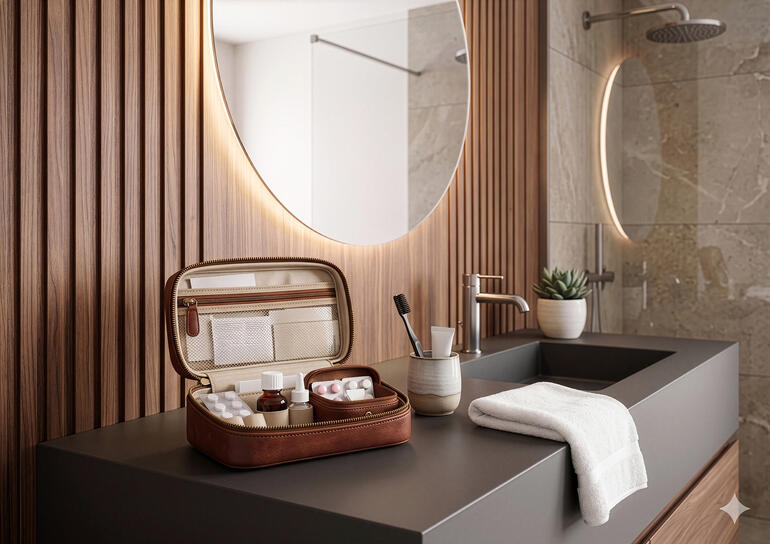 Medicijn tas van buffelleer in een moderne badkamer.