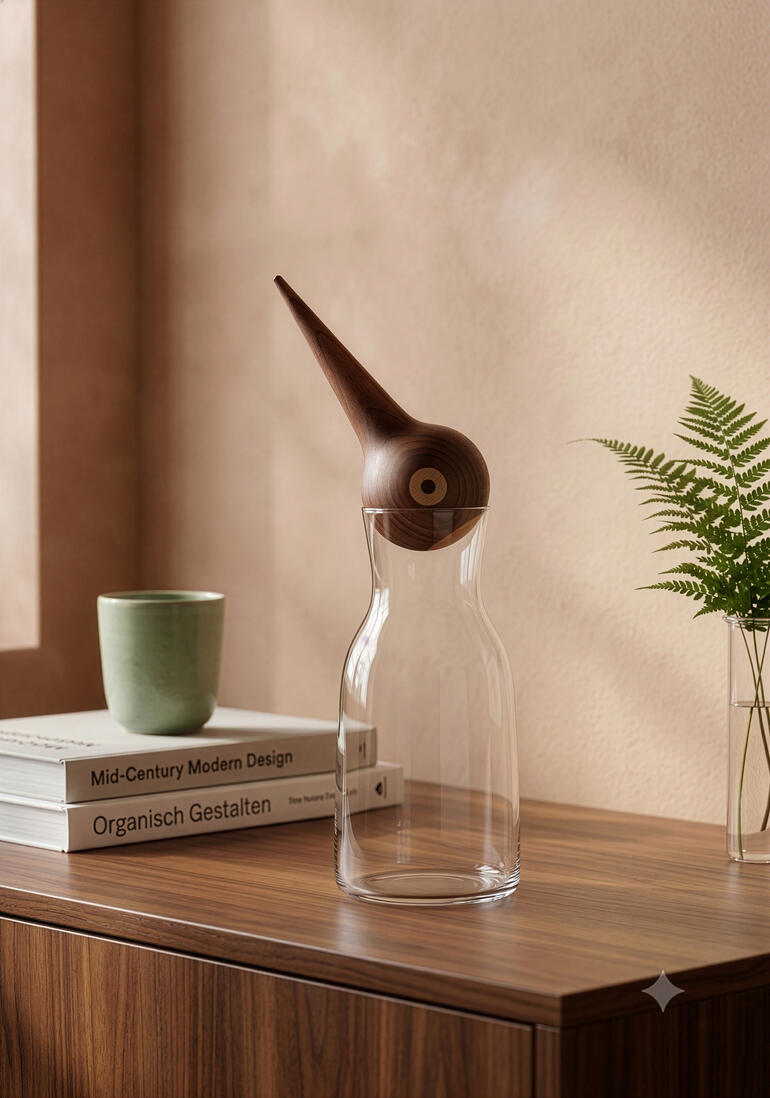 Houten vogelobject met een fles.