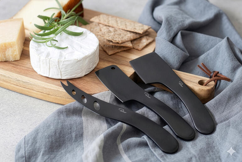 Drie kaasmesjes op een houten plank met snacks
