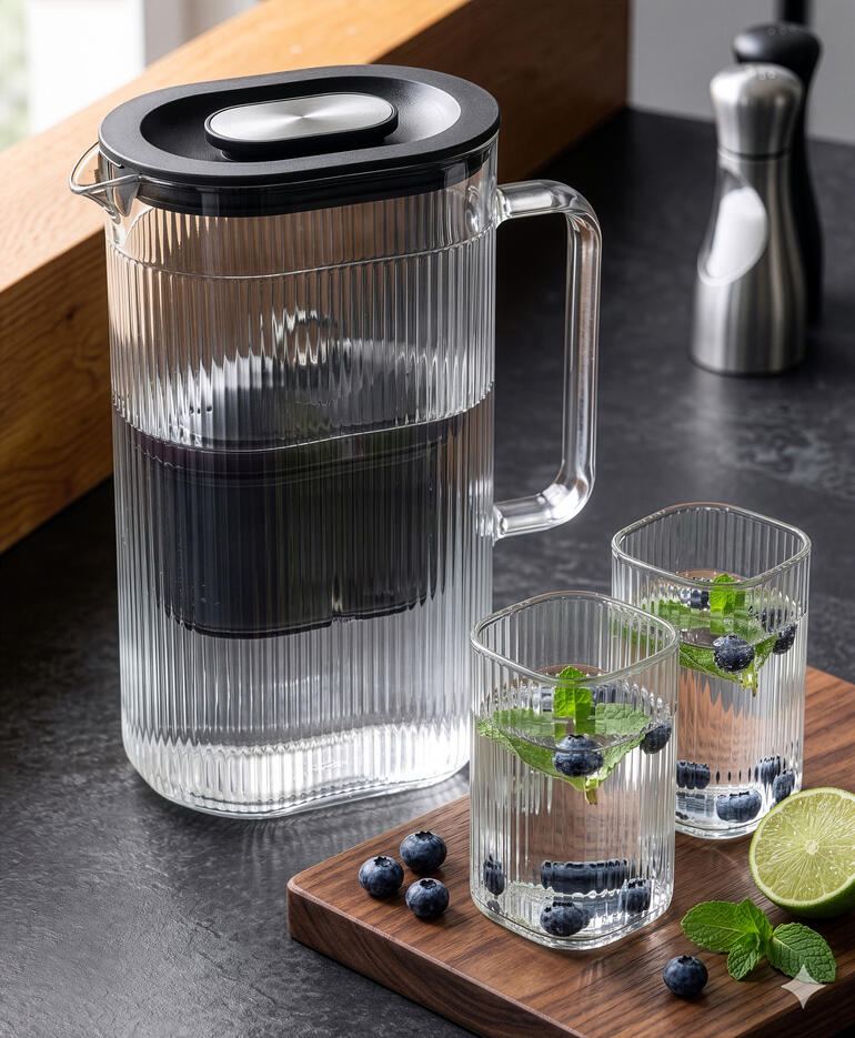 Waterfilterkaraf met extra glas en verse kruiden.