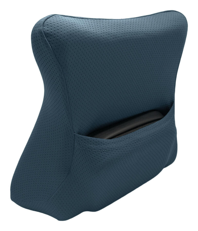 Blau kussen voor onderweg met ergonomische vorm en achterzak.