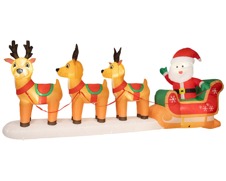 Opblaasbare rendierslee met de Kerstman en drie rendieren.