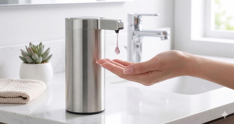 Zeepdispenser met sensor die vloeibare zeep op de hand geeft