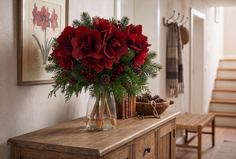 Rode amaryllis boeket in een doorzichtige vaas op een houten bijzettafel.