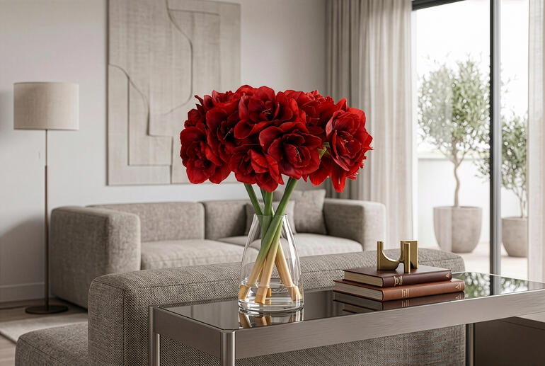 Vol amaryllis boeket in een vaas op een glazen tafel met een bank op de achtergrond.