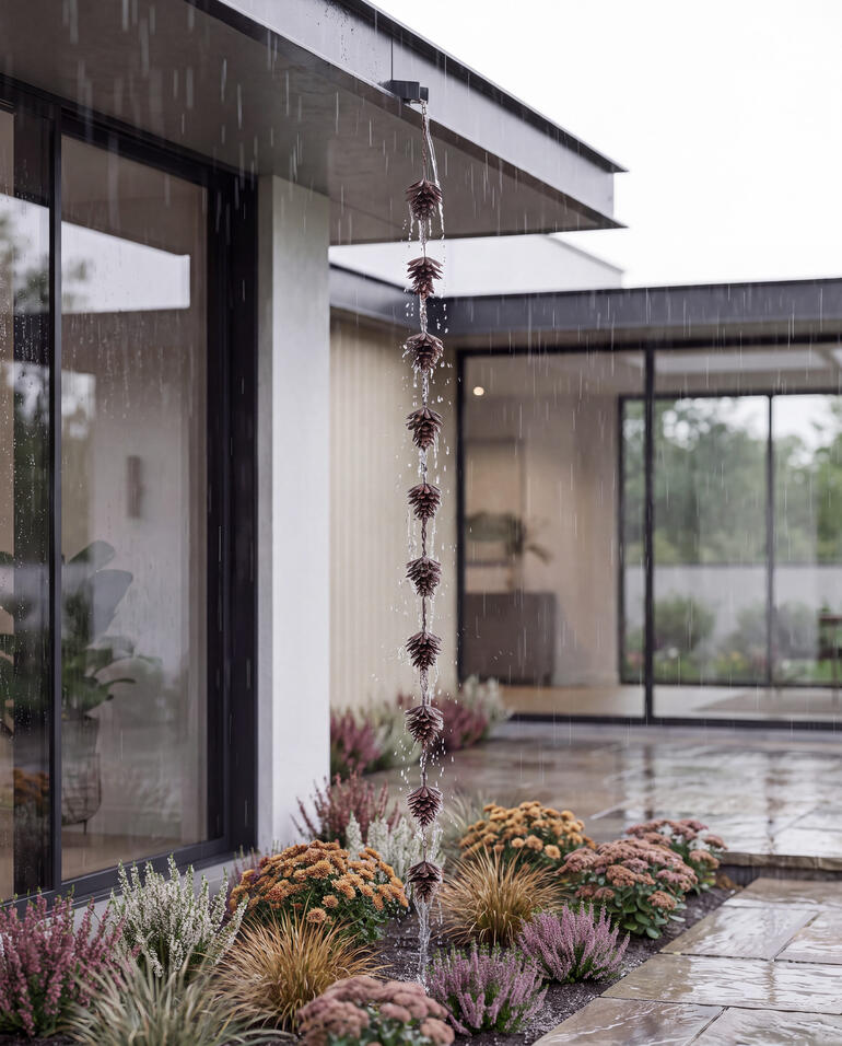 Regenketting van kegels hangt naast een modern huis tijdens de regen.