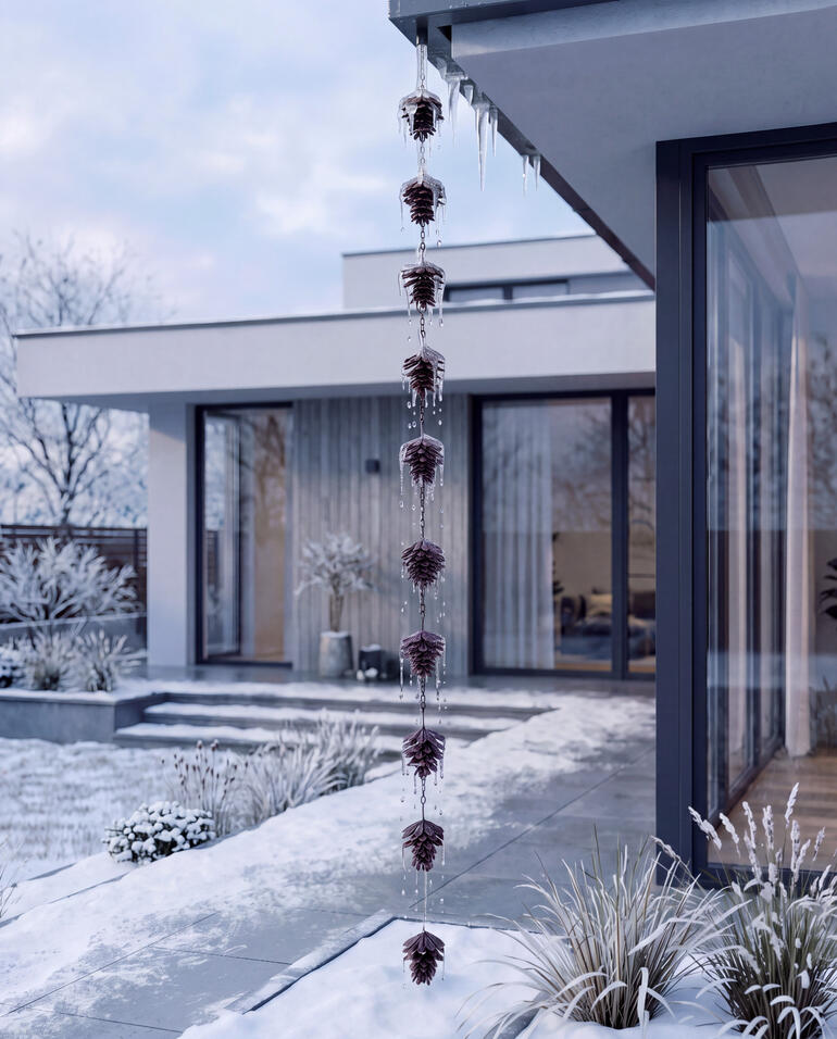 Regenketting van kegels hangt aan een modern dak in de winter met besneeuwde grond.