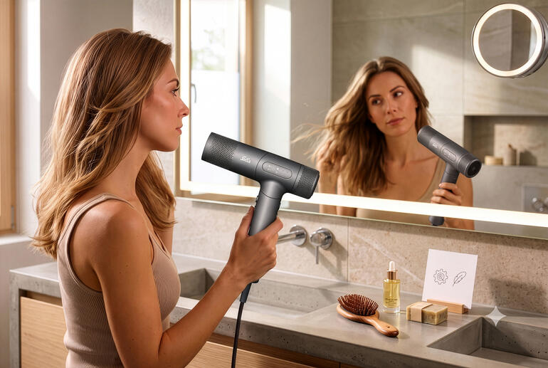 Vrouw droogt haar met een Solis haardroger voor een spiegel.