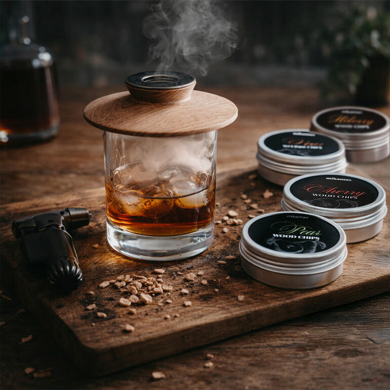 Whiskey-Smoker met rook boven een glas whiskey op een houten tafel.