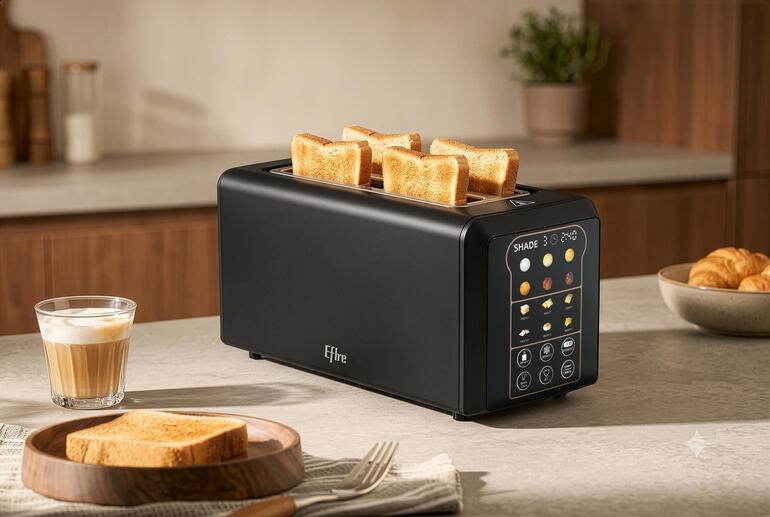 Touchscreen-toaster met geroosterd brood en een glas op een tafel.