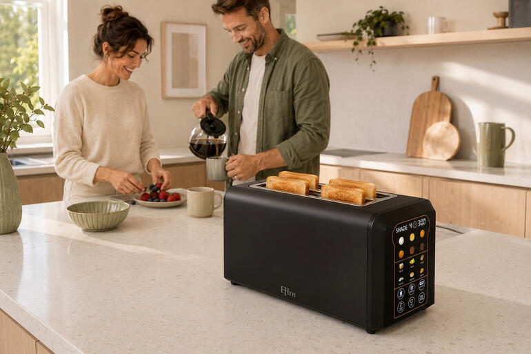 Koppel bereidt ontbijt in een moderne keuken met een toaster.