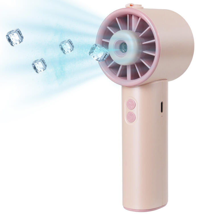 Hydro-Mini-ventilator in rosé die ijsblokjes en kou verspreidt.