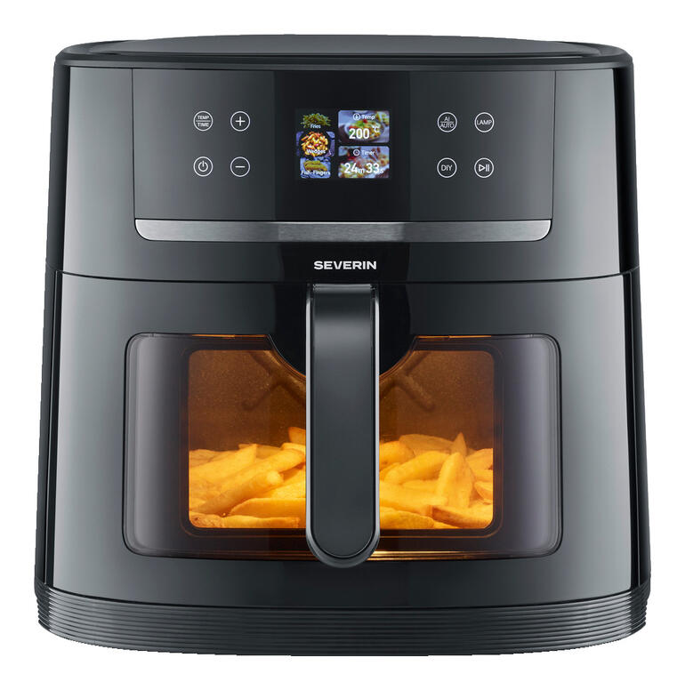 Vooraanzicht van de Airfryer die bereidde aardappelpartjes toont.