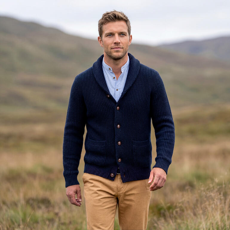 Man in een gebreid flanellen shirt met knopen, loopt door een herfstlandschap