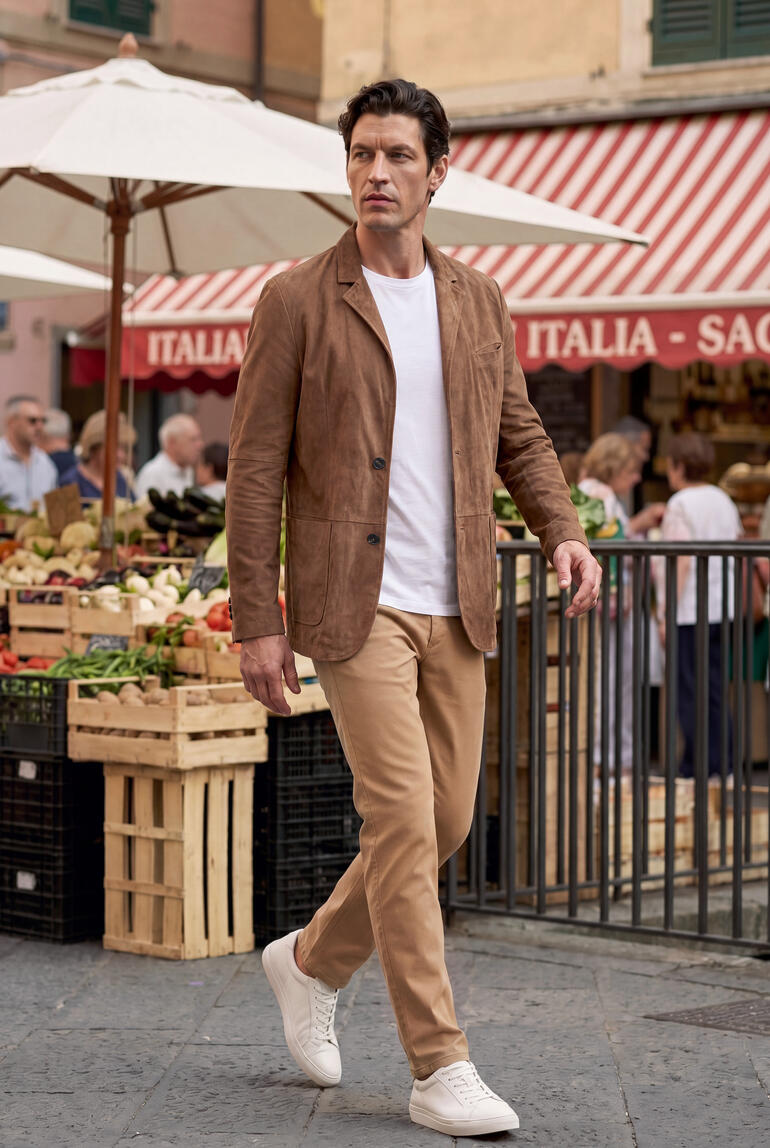 Man in een bruin leren blazer loopt langs een markt met groenten