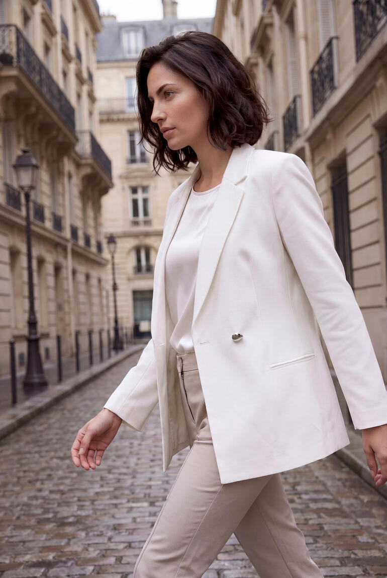 Vrouw in een witte blazer en lichte broek loopt door de stad.