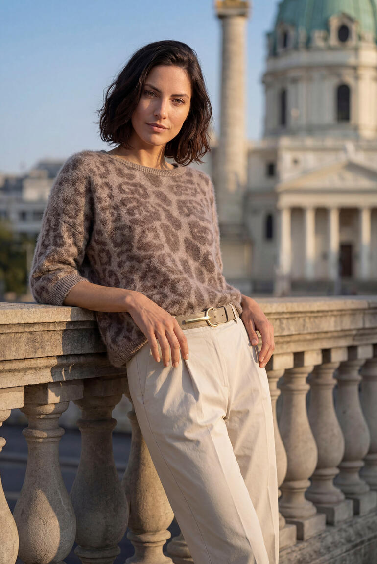 Vrouw in een geborstelde cashmere trui voor een historisch gebouw