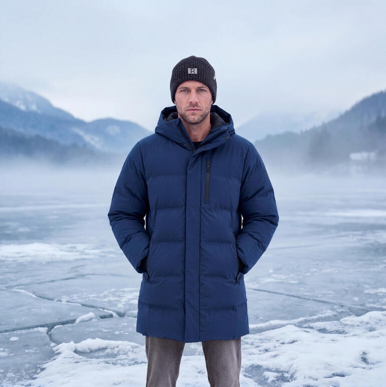 Man draagt Tretorn heren puffer parka op een bevroren oppervlak.