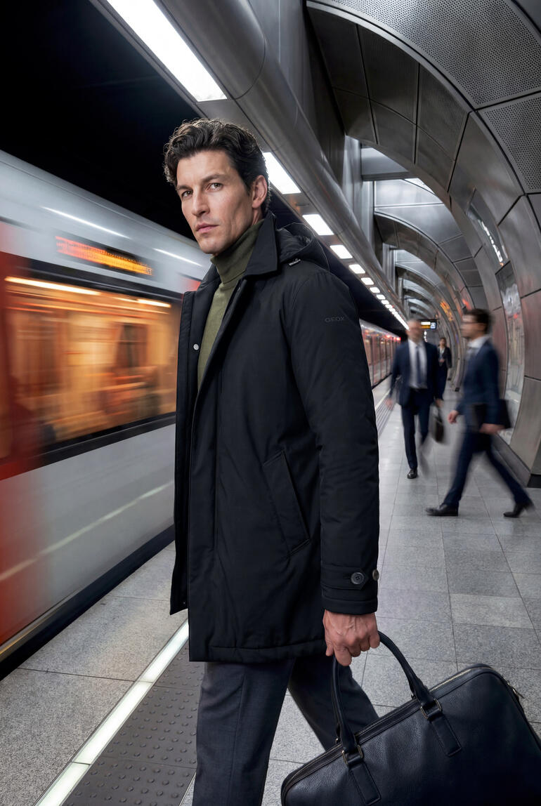 Man in een zwarte businesscoat in een stationsomgeving