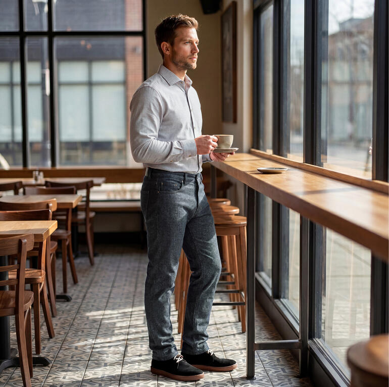 Man in wollen jeans staat voor een groot raam en houdt een kopje vast