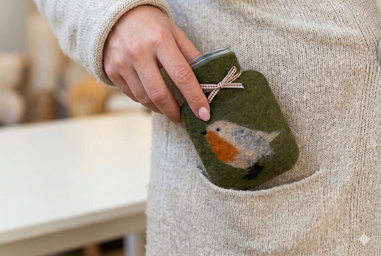 Handwarmer in de vorm van een kleine warmwaterkruik met een roodborstmotief.