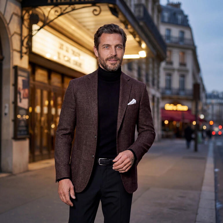 Man in een elegante outfit met een gebreide trui en colbert in de stad