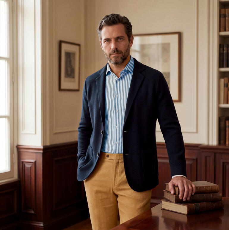 Man in Milano-Knit-blazer poseert in een kamer met boekenplanken