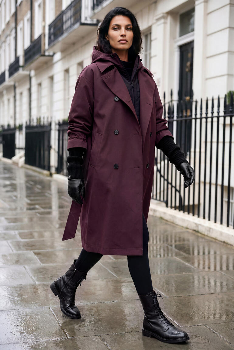 Vrouw in een aanpasbare trenchcoat met zwarte handschoenen