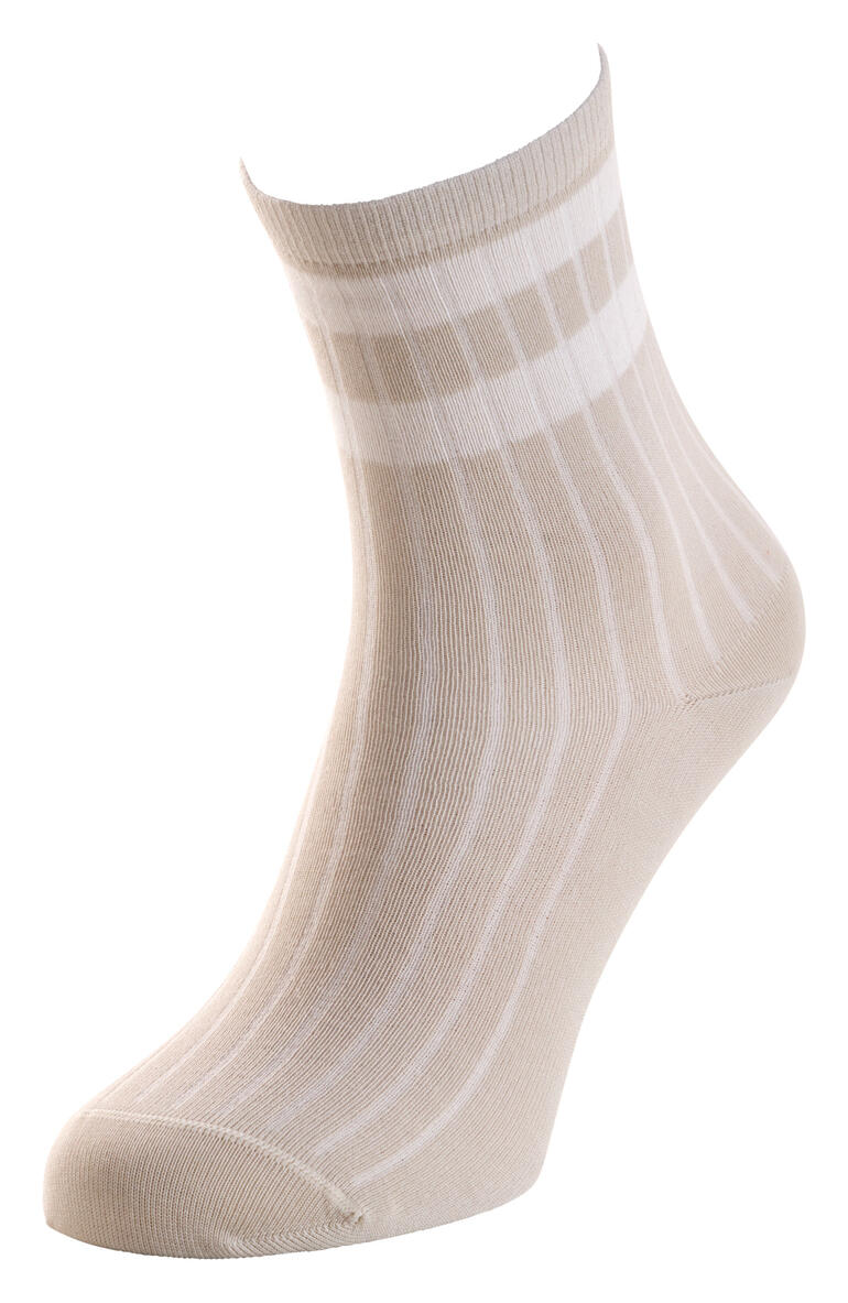 Beige-witte gestreepte sok in staande positie.