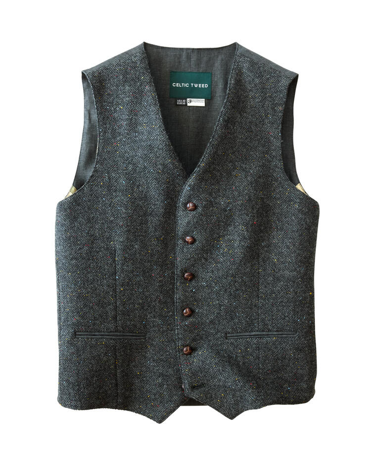Anthracietkleurige tweedlinnen vest met knopen.